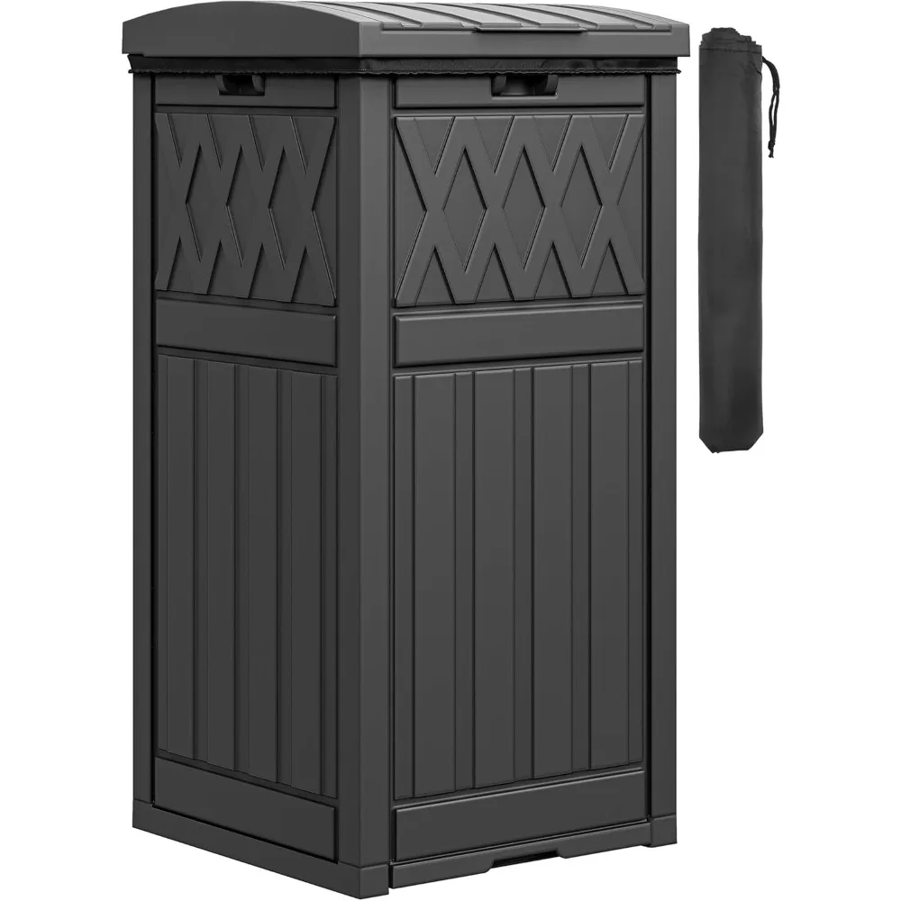 

36-Gallon Outdoor Trash Can with Fabric Bag, Tiered Lid & Drip Tray, Waterproof Resin Garbage Bin for Patio, Deck, and Backyard