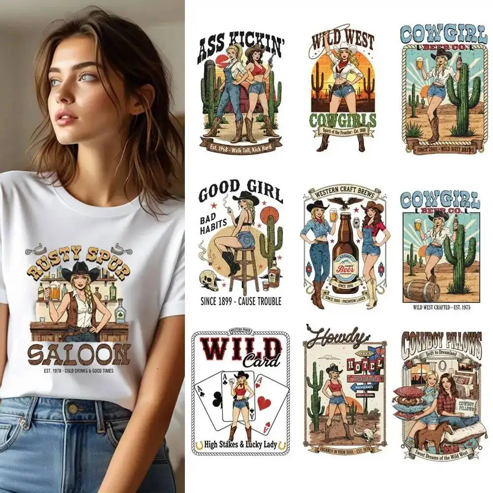 25CM Fine Kickin Cowgirls Western Girl Heat Transfer Patches For Clothes DIY A-Level Washable Shirt Iron-on Thermal Sticker