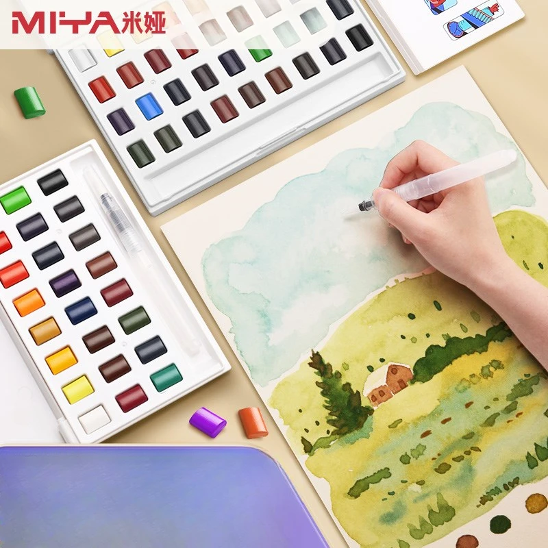 MIYA Solid Watercolor Paint Set 24/36 Colors Portable Small Box with Color Card Brush Pen for Student Beginner Art Supplies