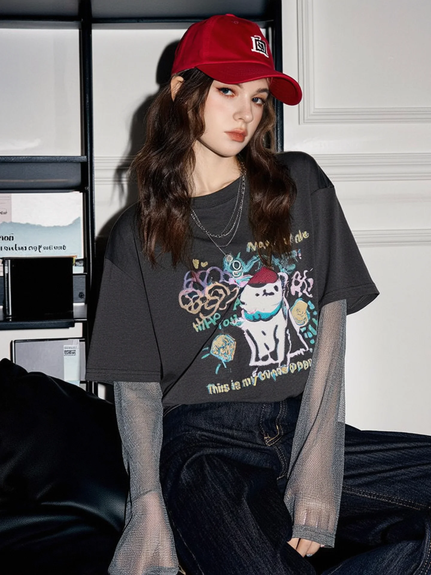 

HUAAPPUW American Graffiti Print Retro Shoulder Short Sleeve Summer Mesh Splice Women's T-shirt Casual Loose Fit Breathable