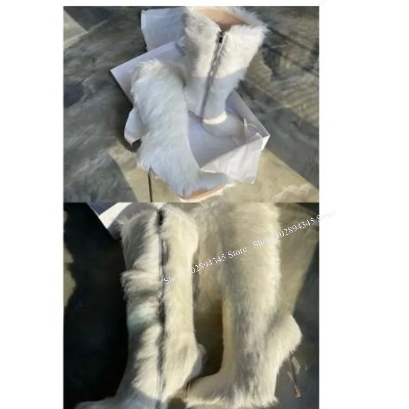 Bottes Blanches à Talons Hauts et Fourrure avec Fermeture Éclair pour Femme, Chaussures Décontractées, Grande Taille, Sexy, à la Mode, Été, 2023