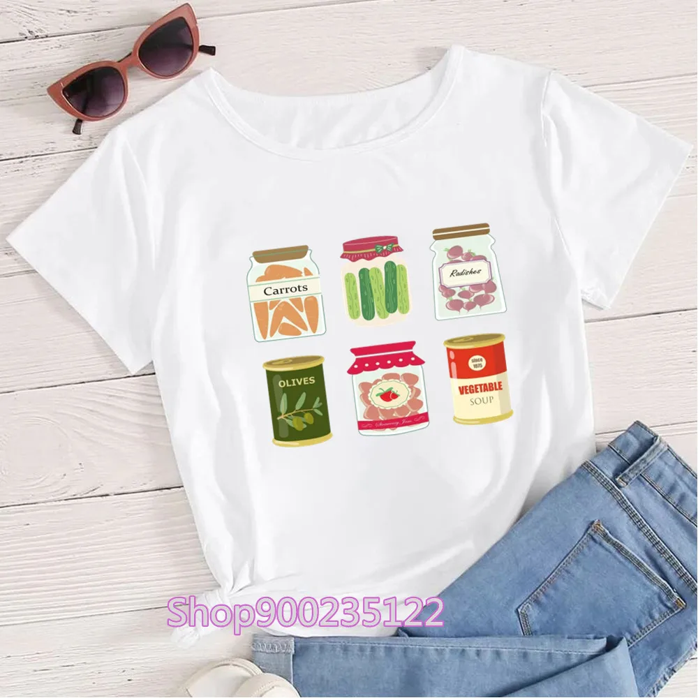 Pickles in The Jar T Shirt Femme Streetwear  Funny Graphic Women Tshirt Print Cartoon T-shirt White Tops Women's Clothes