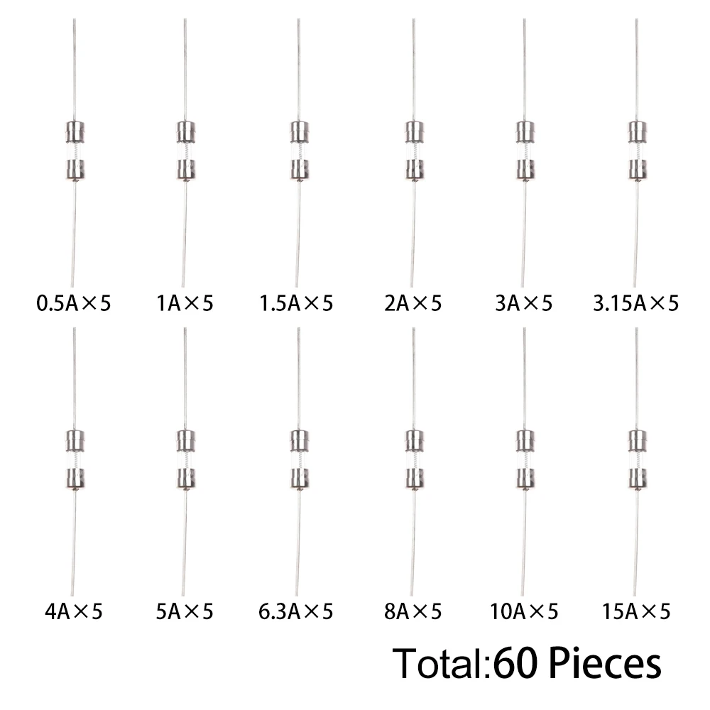 60PCS 12Values 3.6x10mm Glass Fuse with Pin Kit for Electronics Circuit Protection Projects 3.6X10 1.5AX5 3.15AX5 2AX5 4AX5 8AX5