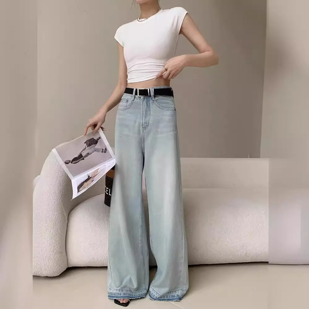 

Jeans Women Wide Leg Pants Denims Trousers 2025 Streetwear Vintage High Waist Pockets Washed Distressed Straight Floor Length