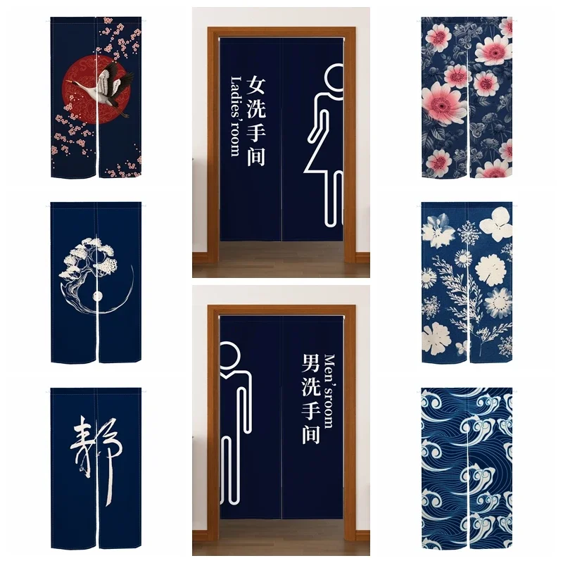 Japanese Style Noren Door Curtains Crane Flower Wave Pattern Restroom Sign Linen Doorway Curtain Restaurant Kitchen Half-curtain