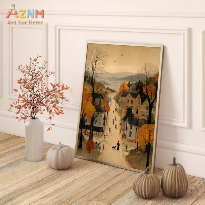 AZNM Vintage Fall Town Canvas Wall Art Cute Ghost Witch Pumpkin Maple Autumn Village Illustration Unframed Canvas Halloween Farm