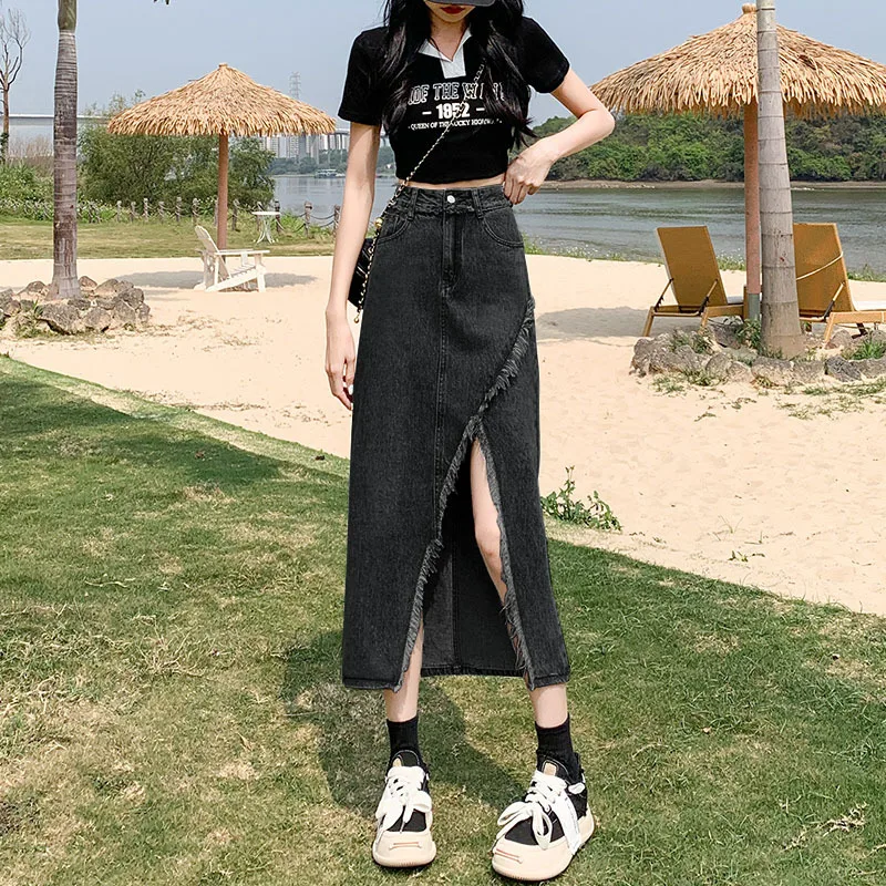 

Black And Gray High Waist Slim Slit Women Denim Skirt 2025,Summer Fringed Design Mid-length Skirt Woman
