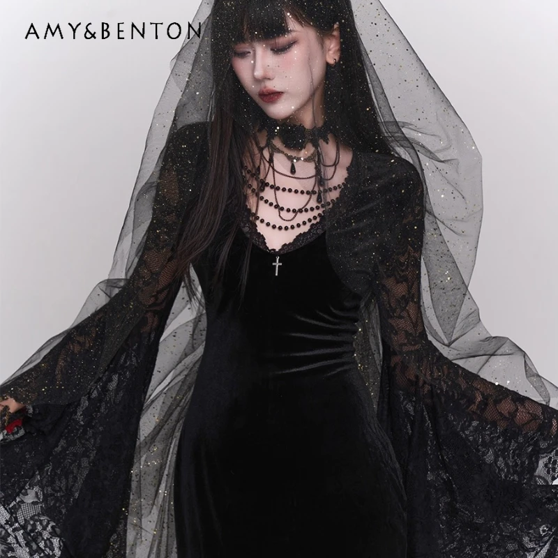 

Halloween Women's Clothing Gothic Dark Punk Autumn New Design Sweet Cool Sexy Lace Hollow Out Bell Sleeve Long Dress for Women