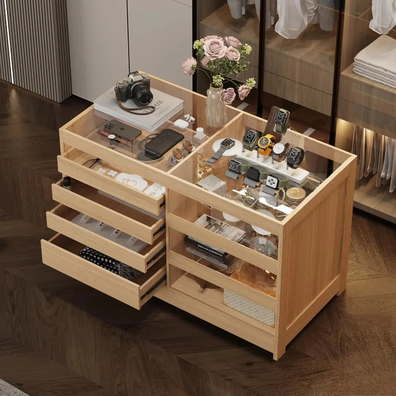 

"Light Brown Armoire Island w/Glass Top, 4 Handleless Drawers & Shelves - Freestanding Wardrobe for Bedroom"