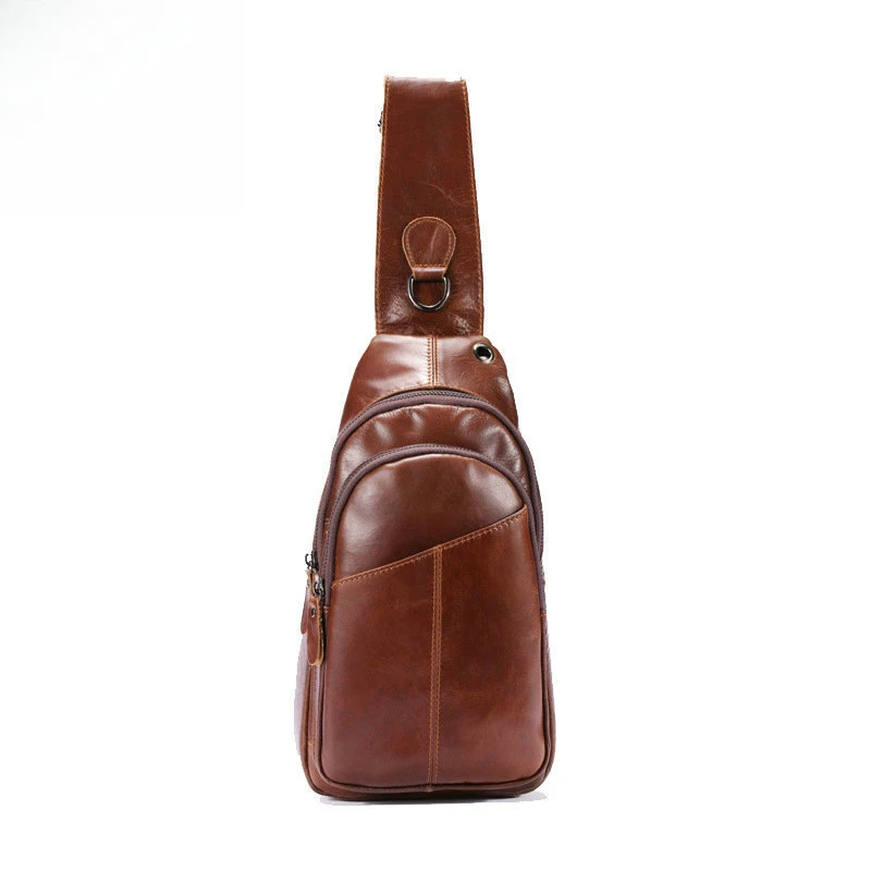 Men's genuine leather chest bag cowhide front men's bag retro casual single-shoulder crossbody bag, leather bag