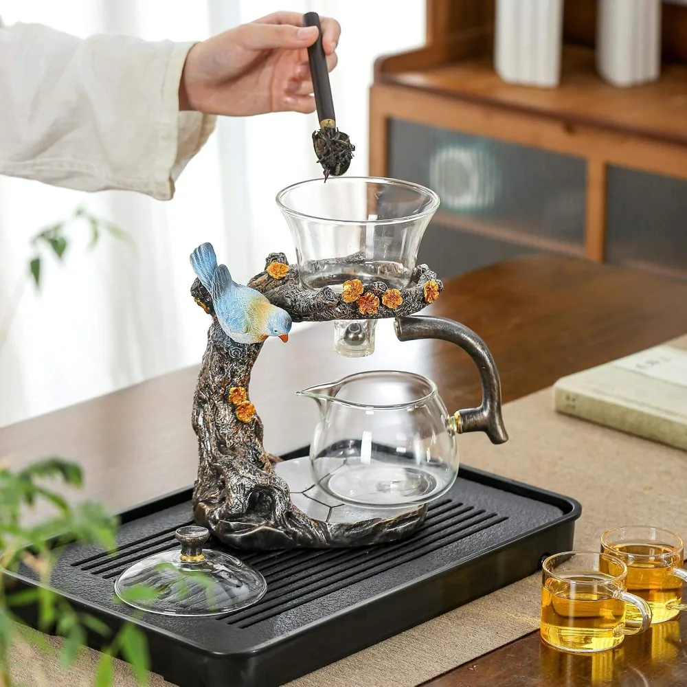 Glass Kungfu Teapot Set Tea maker with Infuser Semi Automatic Drip Rotating Bowl Tea Pot Set Animal Bird Design for Home Office view 4