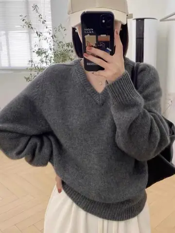 캐시미어 스웨터 여성용 V넥 루즈핏 레이지풍 두꺼운 스웨터 100% 순면 캐시미어 캐시미어 스웨터 여성용 V넥 루즈핏 레이지풍 두꺼운 스웨터 100% 순면 캐시미어