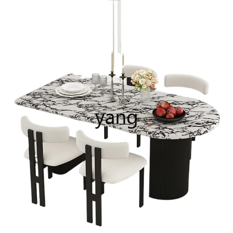 

Lmm marble dining table rock slab household solid wood new light luxury stone simple semi-round dining table