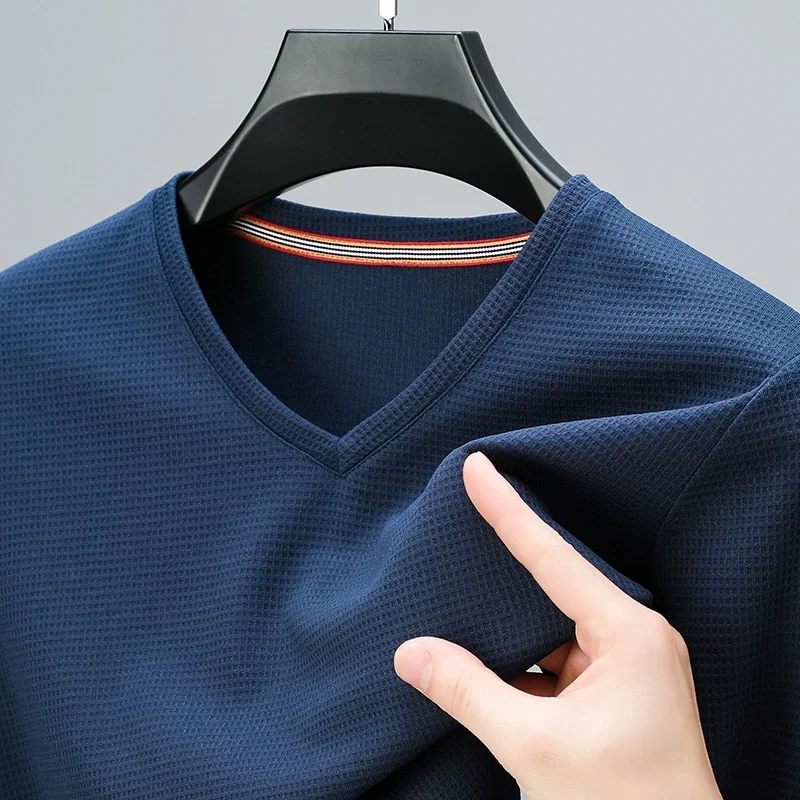

2024 Men's New Waffle V Neck Short Sleeved T-shirt Summer Comfortable Top