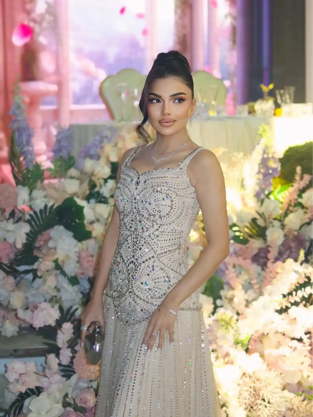 

Ofherown White Spaghetti Strap Evening Dress Luxury Crystal Beaded Tassel Mermaid Prom Gown For Women Wedding Party Customized