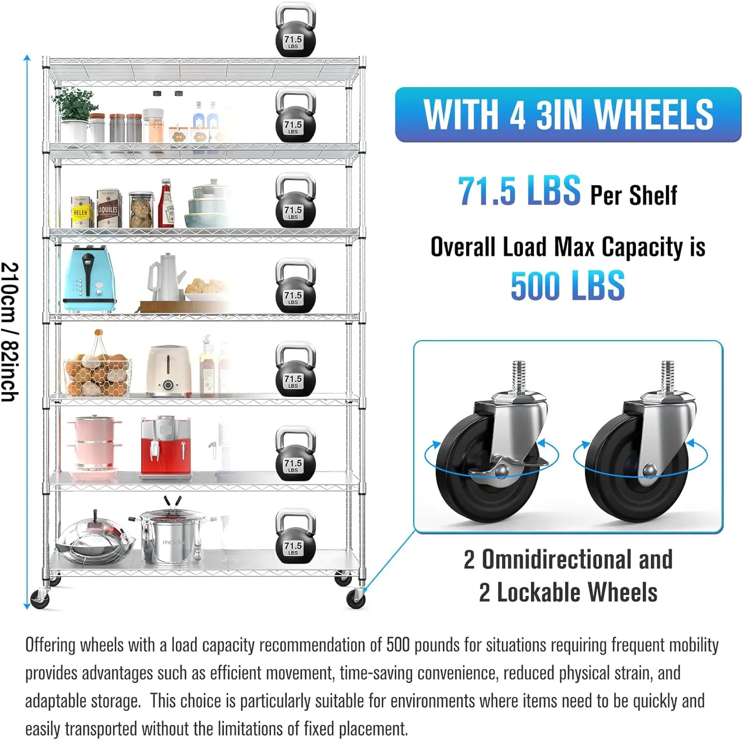 7 Tier NSF Wire Shelf Shelving Unit, 18 x 48 x 82 inch 2450lbs Capacity Heavy Duty Adjustable Storage Metal Rack with Wheels/Lev