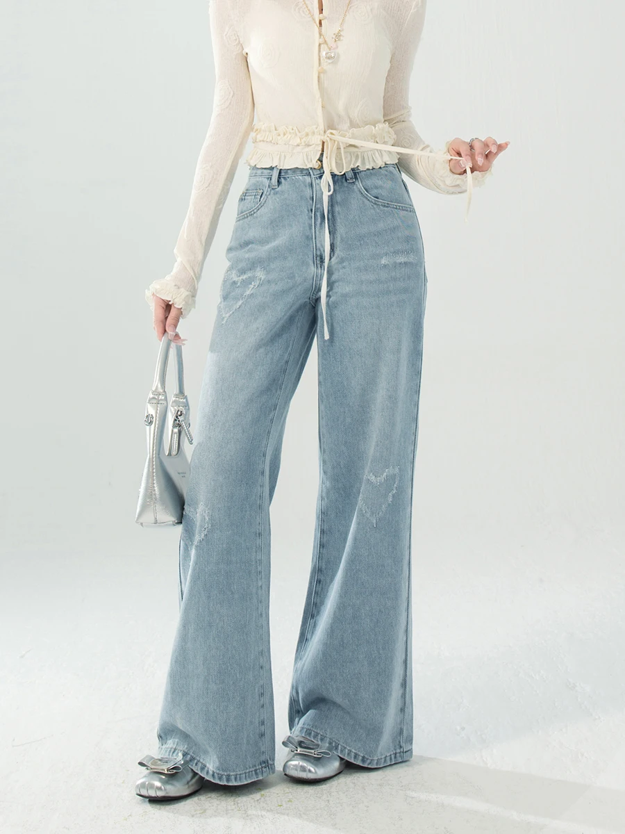 

Oneofuuu Свободные широкие джинсы женские весенне-летние синие рваные джинсовые брюки с сердечками на талии