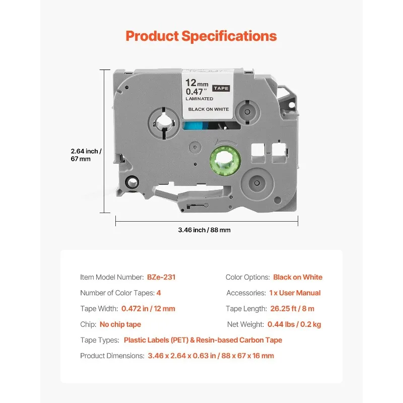 ラベルメーカーテープ 4パック 12mm 黒地に白 ラベルメーカーリフィル TZe-231