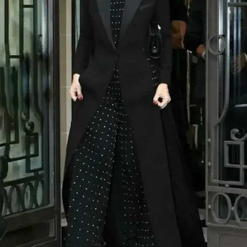 Bonboho 2024 여성용 우아한 블레이저 재킷, 솔리드 블랙 슬림 긴팔, 엑스트라 롱 스플릿 블레이저 코트, 여성 포멀 아우터 