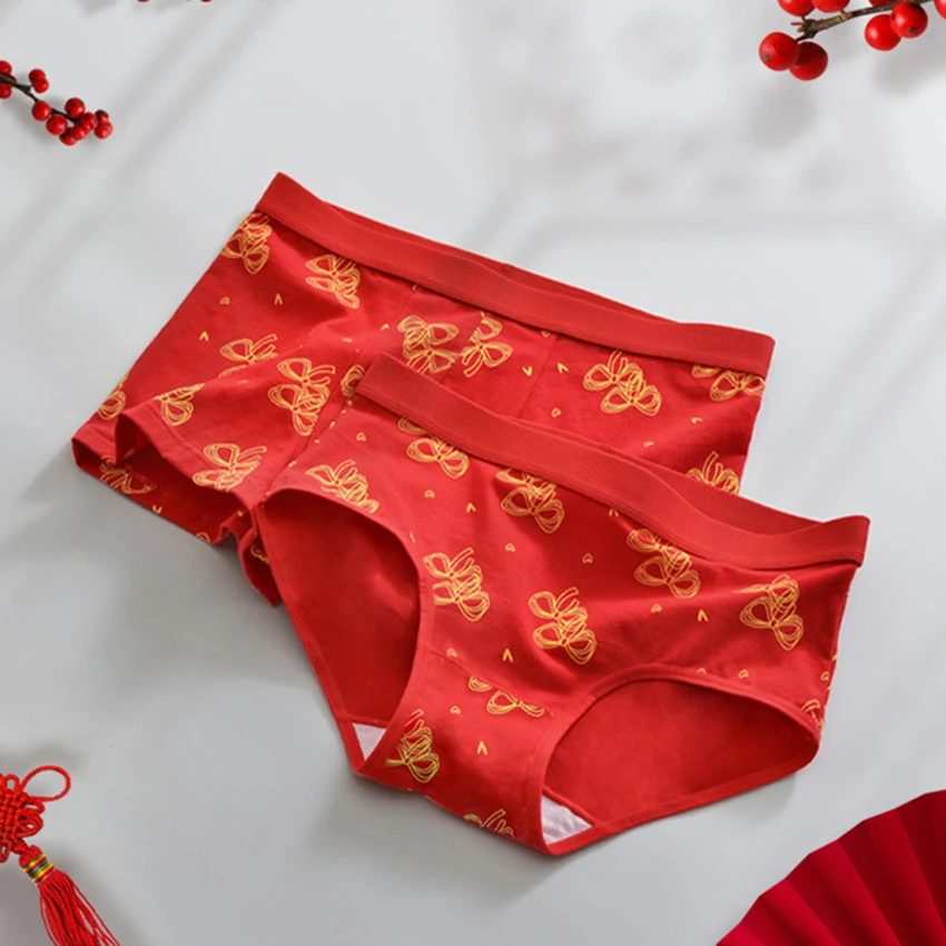 2Pcs Couples Lovers Underwear Soft Cotton Men Boxer Women Briefs Panties New Year Red Breathable Shorts Underpants