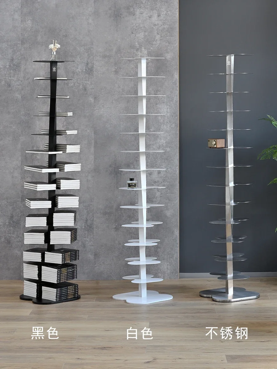 Italian light luxury stainless steel rotating bookshelf, floor shelf living room