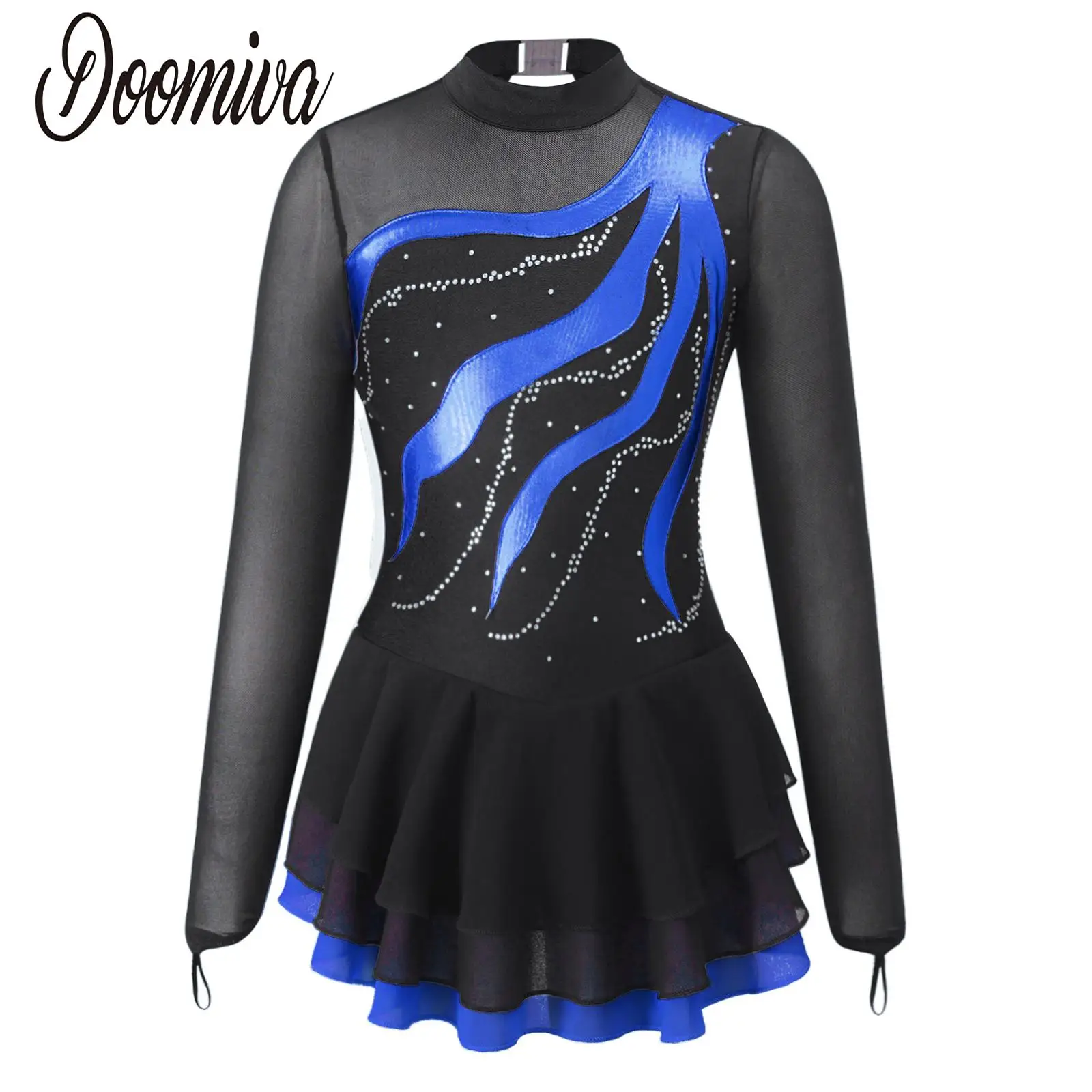 

Girls Leotards Gymnastic Figure Ice Skating Dress Lyrical Dancewear Sheer Mesh Long Sleeve Bodysuit Skirted Ballet Modern Dress