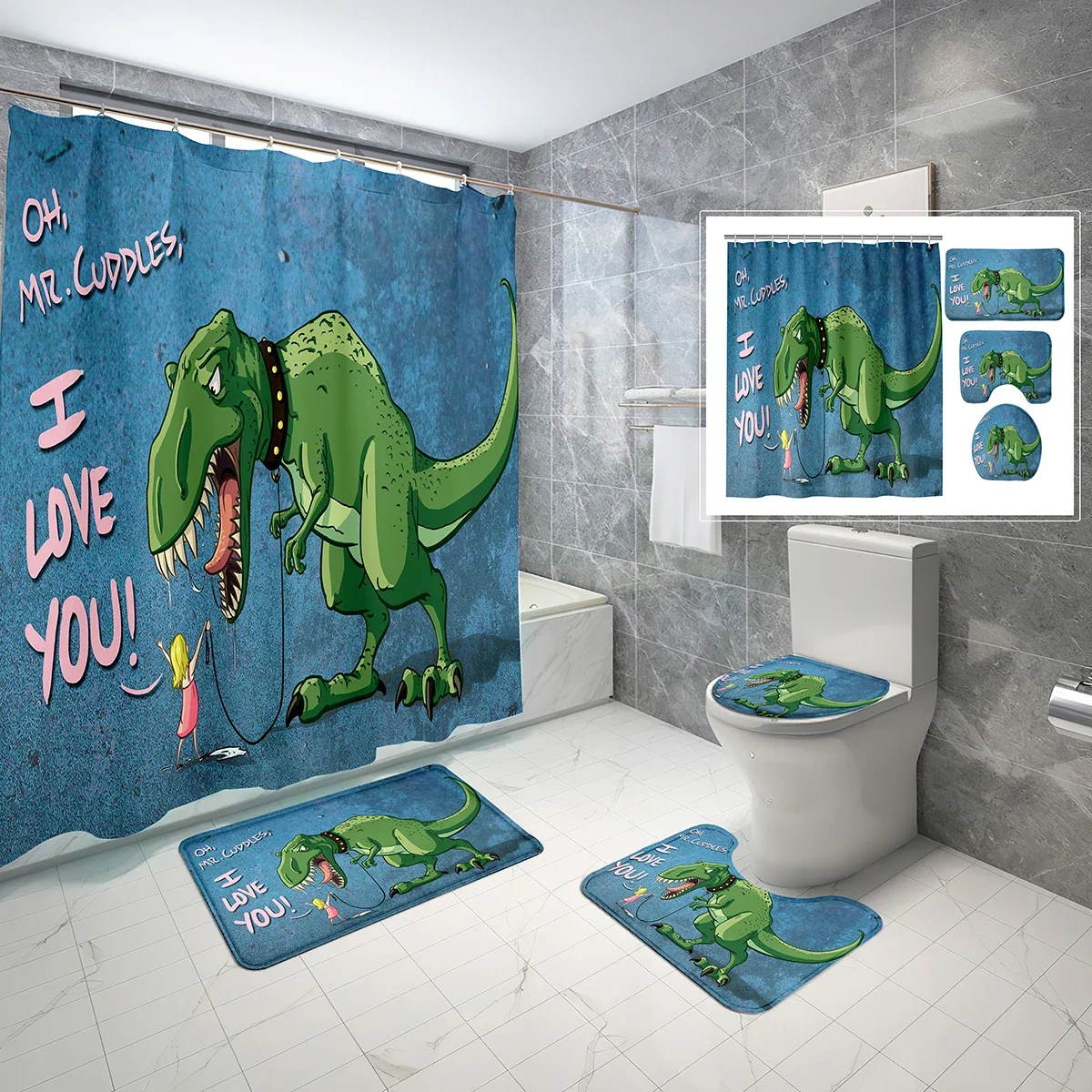 

Cartoon Dinosaurs Shower Curtain Sets Funny Little Dinosaur 4 Pcs Non-slip Bath Mat Toilet Lid Waterproof Shower Curtain Set