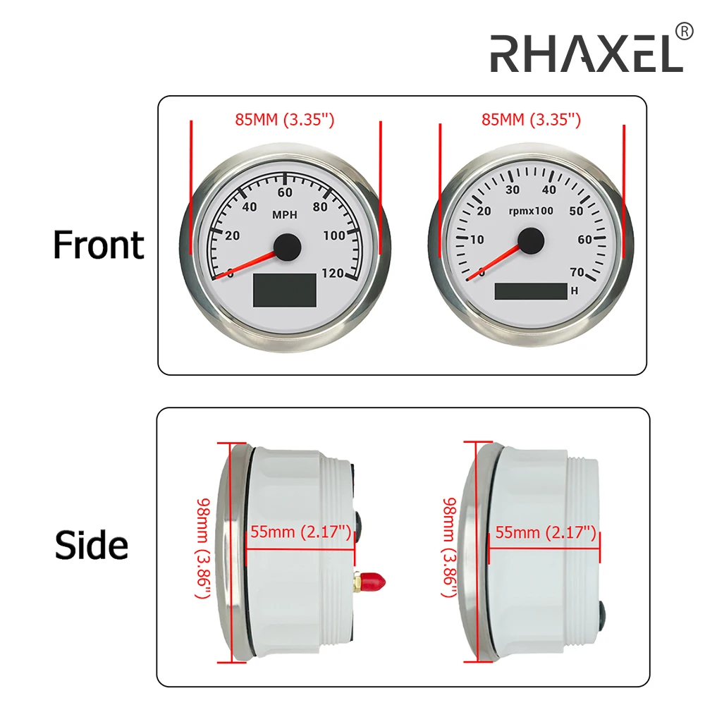 

RHAXEL Gauge Set 3 3/8''(85mm) GPS Speedometer 80MPH Tachometer 6000RPM 12V 24Volt with Backlight for RV VAN ATV UTV Boat