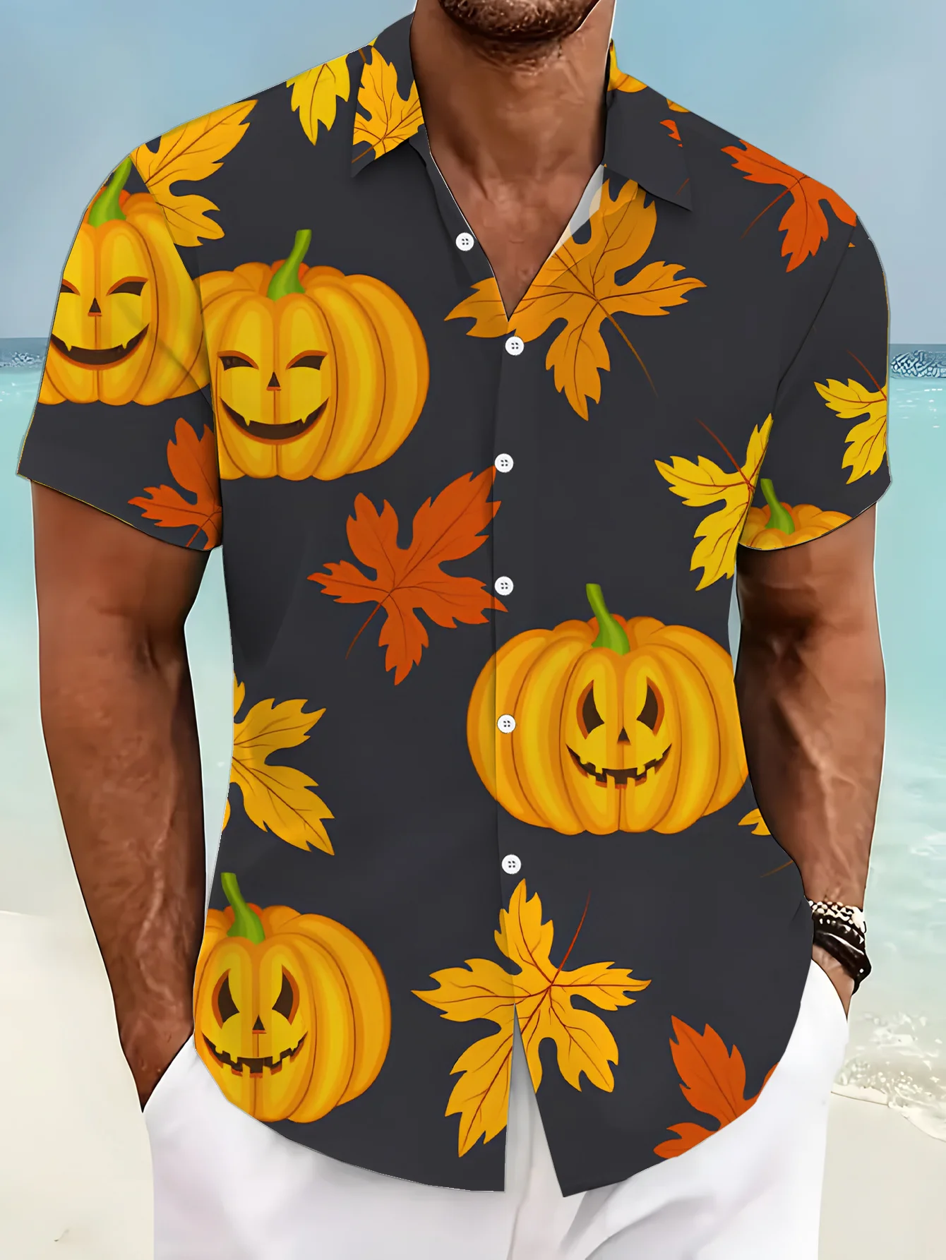 Men Halloween Pumpkin Maple Leaf Short Sleeve Shirt Jack‑o‑Lantern Print Turn‑Down Collar Party Shirts