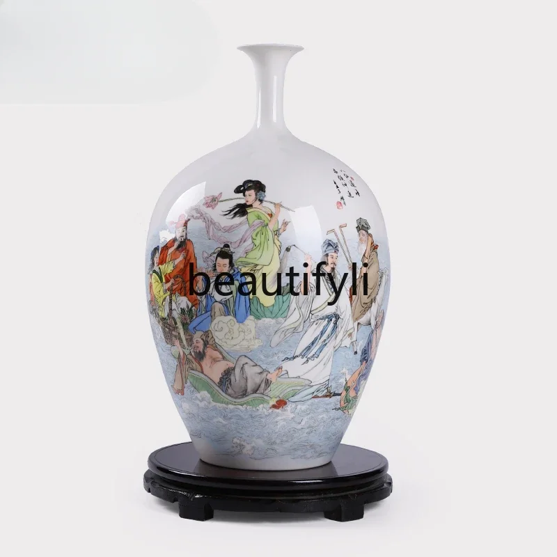 Chinese ceramic eight immortals crossing the sea porcelain vase artwork hand-painted vase handicraft decoration