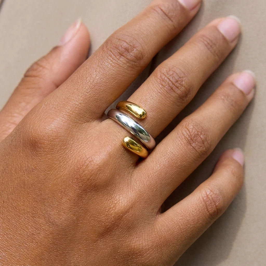 Sculptural Mixed Metal Intertwined Ring for Women Waterproof Stainless Steel Two Tone Abstract Winding Ring Jewelry Gift