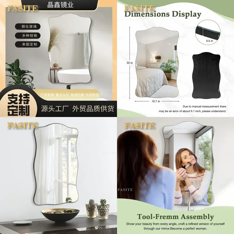 For Bathroom Wall Mounted Frameless Tempered Glass Mirror Irregular Wave Shaped Decorative Mirror Modern Home Decor