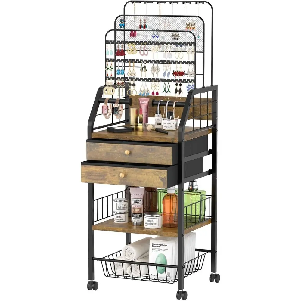 

Elegant Metal Jewelry Organizer with Dual Drawers, Earring Stand, and Storage Baskets in Black and Brown
