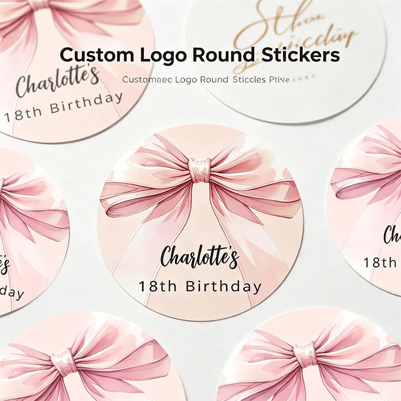 Pastel Pink Base Large Satin Bow Stickers Personalized Name Variety Sizes AvailableElegant Round Labels Gift Box Decor Stickers