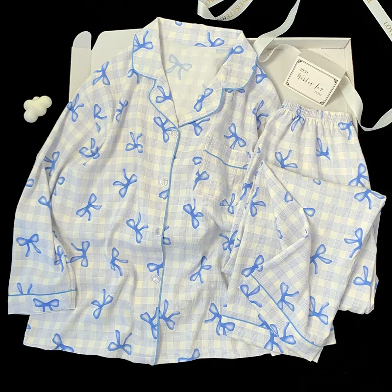 Spring and Autumn Two-Piece Set of Ladies Pajamas Homewear New Clouds of Cotton Long-Sleeved Pants Sweet Bow Home Clothing