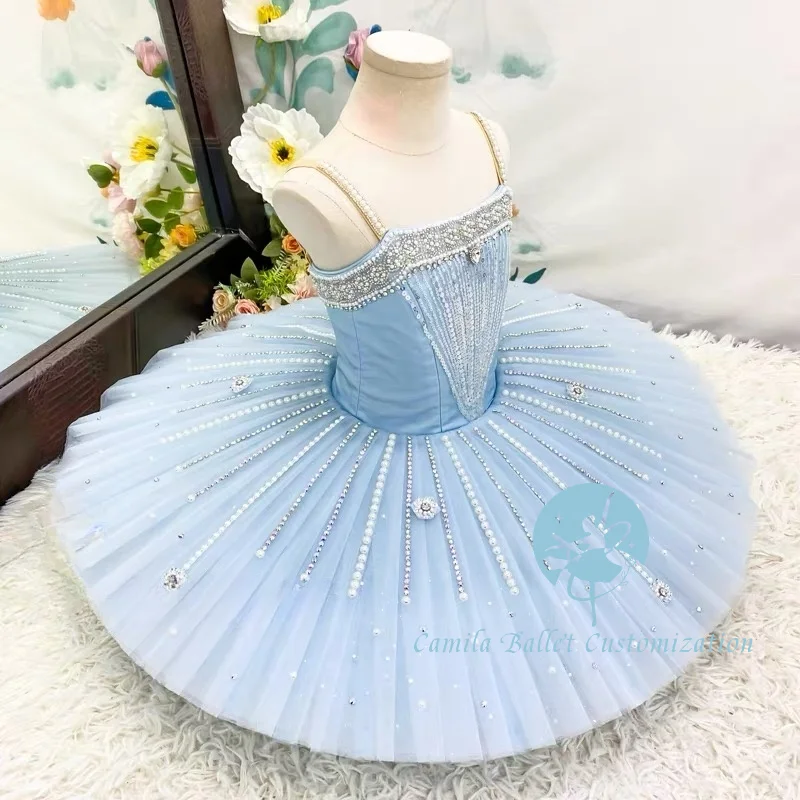 

High-end new custom silver fairy blue bird ocean with pearl ballet competition performance TUTU skirt adult and kids