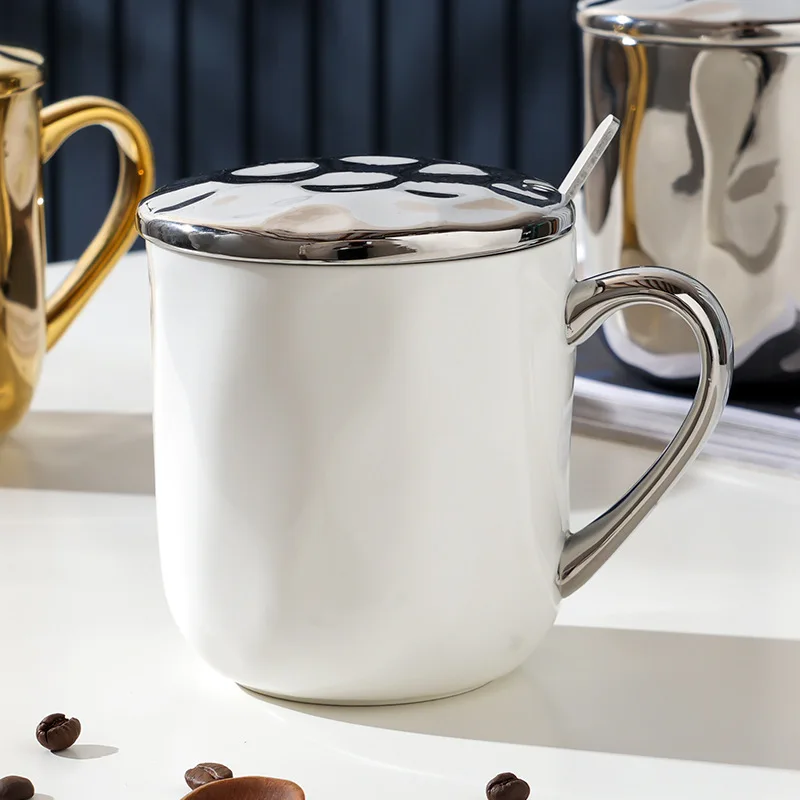 

Ins Light Mug Niche High End Male And Female Ceramic Water With Lid Spoon Office Gift Coffee Cup