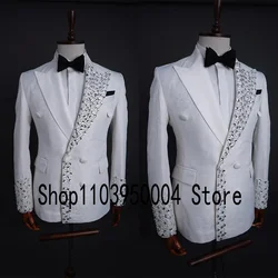 White Jacquard Jacket Tuxedos Men Suits Luxury Beaded Crystal Groom Wedding Sets Male Prom Blazer traje de hombre elegante