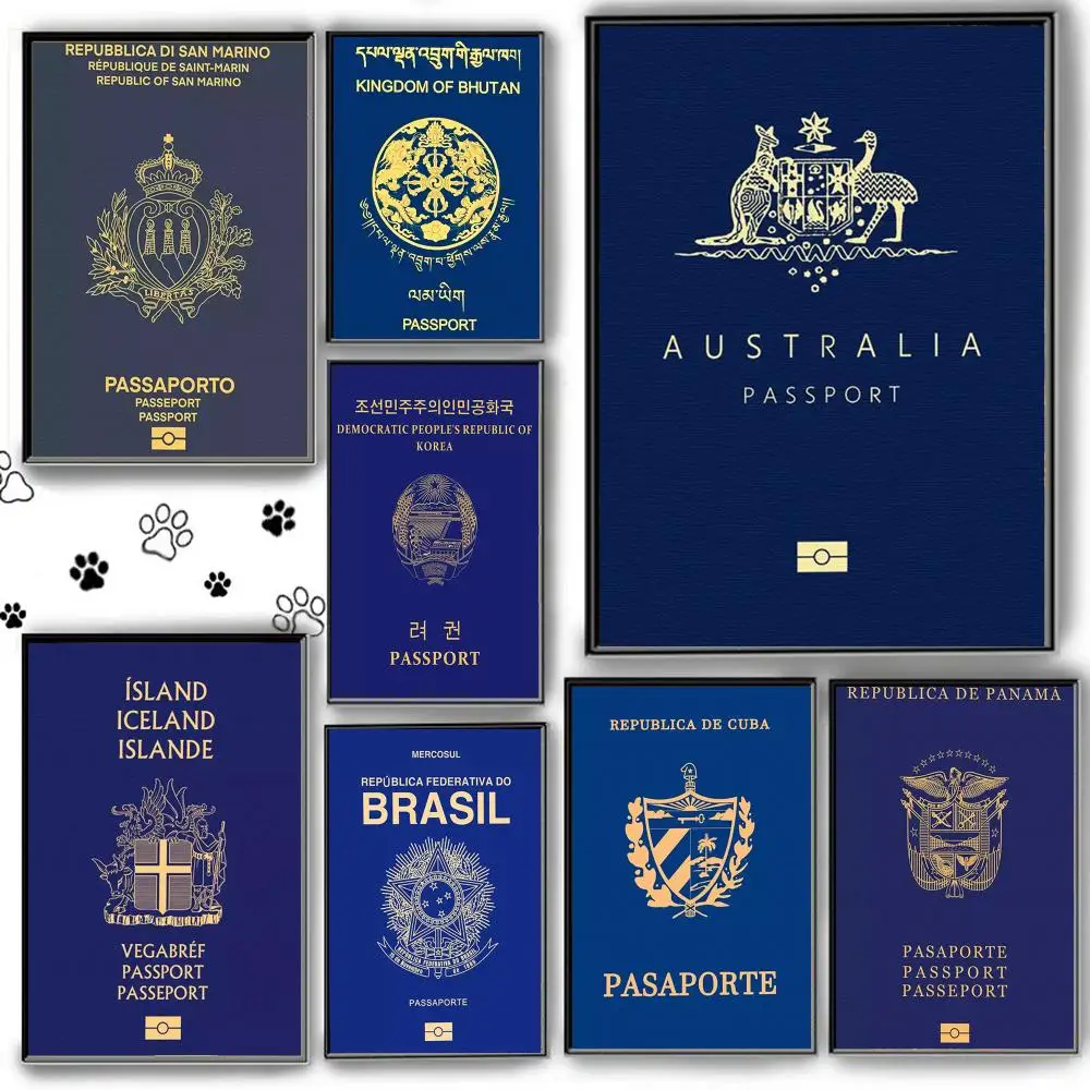 Blue-background Passports Poster Self Adhesive HD PVC Wall Art - Waterproof & Stain Proof For Home Office