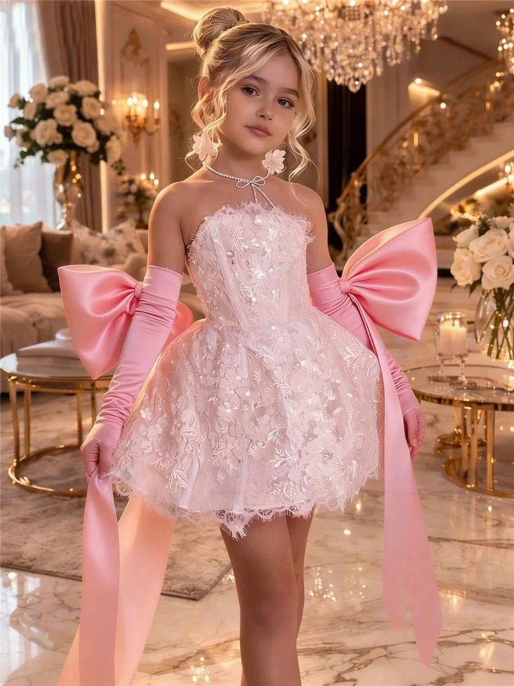 Custom Strapless Lace Flower Girl Dress Wedding Party Gown Birthday Party Dress Kids Pageant Gown Formal Evening Dressفساتين اطف image 6