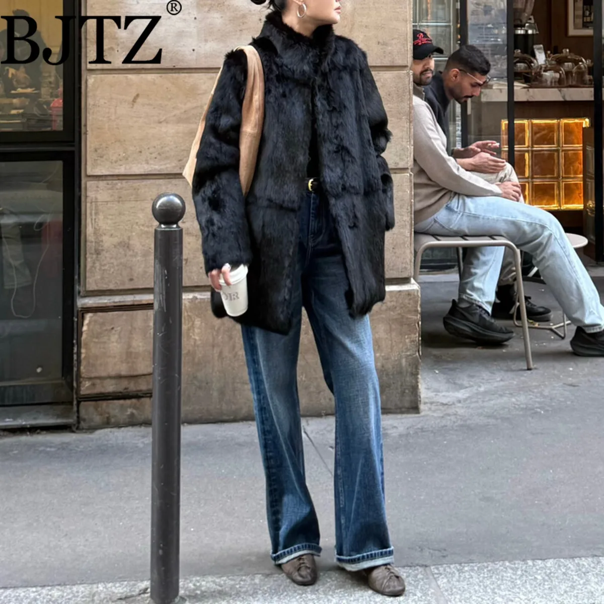 

BJTZ Designer Women's 100% Rabbit Fur Jacket Coat Stand Collar Midi Length Elegant Office Warm Premium Winter Outerwear 2025