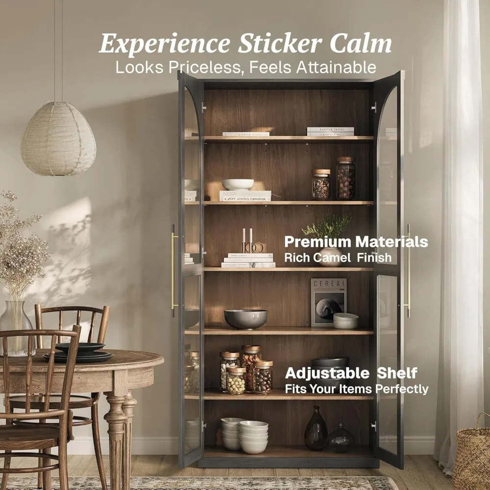 

67-inch Storage Cabinet, 6-shelf Glass Display Case, Modern Wooden Wine Cabinet with 4 Adjustable Shelves