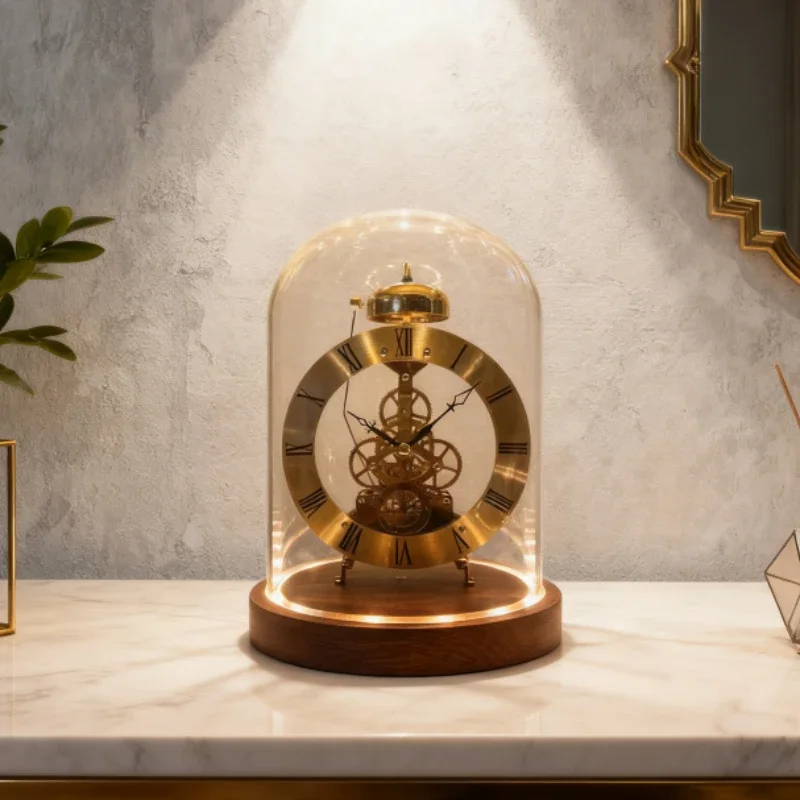 Luxury Mechanical Desk Clock with Glass Dome Black Walnut Solid Wood Base Light Home Office Decor Timepiece Ornament