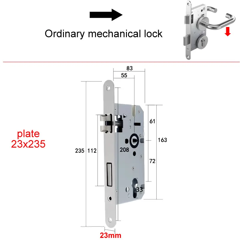 7255 European standard silent lock body panel 23x235mm Silent lock tongue Round Square panel cylinder 32mm 5572 lock body