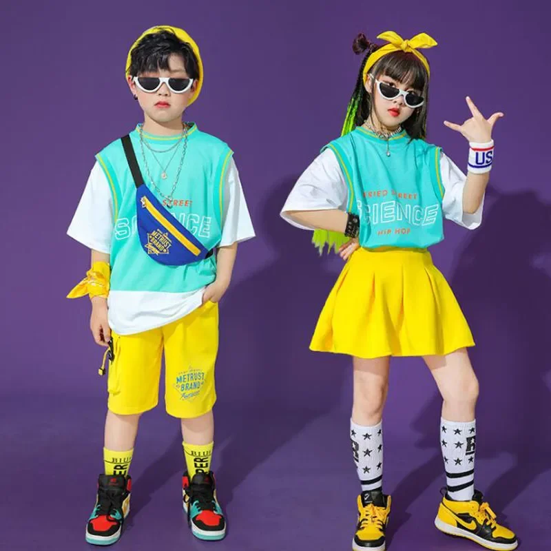 Skirt For Singers Girls Boys Jazz Dance Wear Costumes Outfits Kids Concert Hip Hop dancing Outfits Tshirt Street wear Shorts