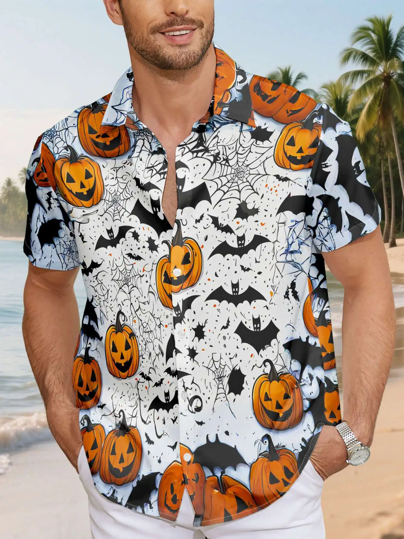 Men's Shirt Short Sleeve Halloween Pumpkin Bat Spider Web Splash Print Loose Casual Summer Holiday Top Men Clothes