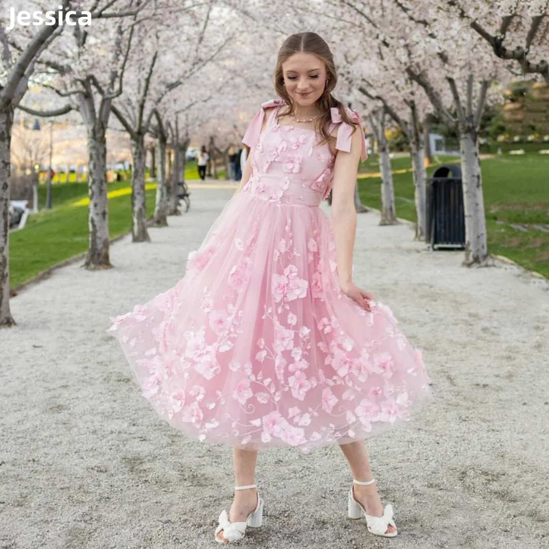 Jessica Pink Fairy Wedding Dress Sweet 3D Flowers Prom Dresses Tulle Ankle-length Coming Of Age CeremonyBespoke Occasion Dresses