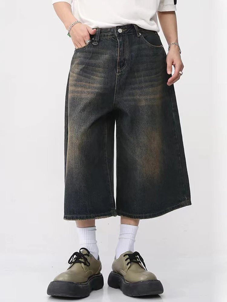 

Fashion Mens Y2k Baggy Jeans Vintage Oversize Casual Denim Shorts Male Streetwear Washed Cowboy Wide-leg Calf-Length Pants