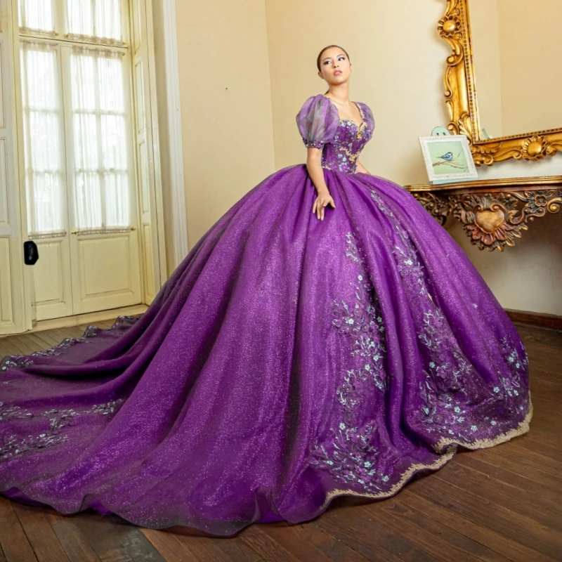

Фиолетовое блестящее платье Quinceanera, бальное платье с открытыми плечами, аппликация, кружево, бисер, тюль, милое платье 16, Vestidos 15 De Anos