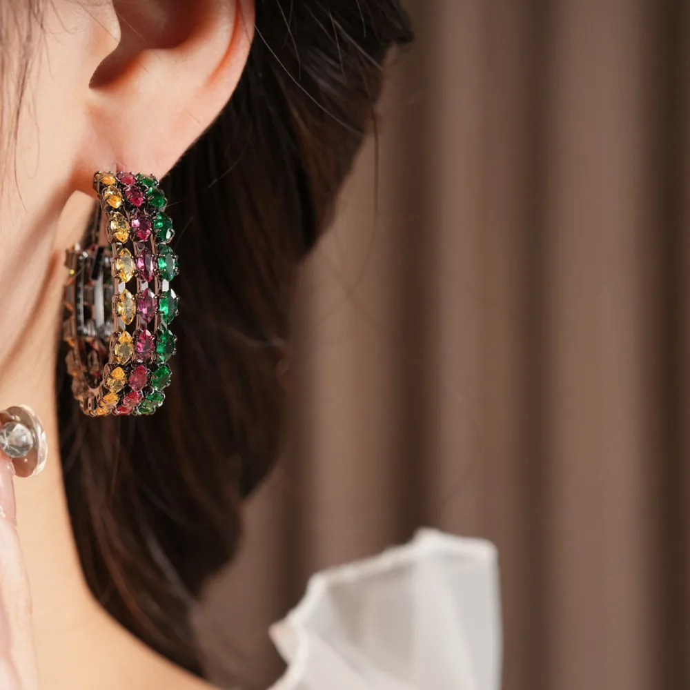 Glam Vintage Gun Tone Pavé Inlaid Multi Color Marquise Zircon Hoop Earrings for Women Party Night Birthday Fashion Jewelry Gift